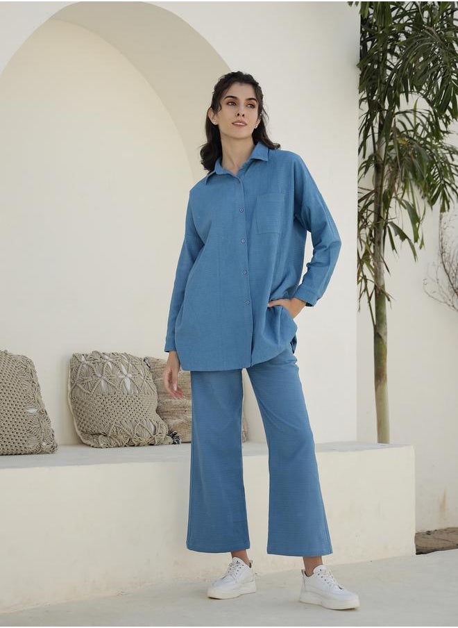 sanskrutihomes - Solid Long Sleeves Longline Shirt and Trousers Co-Ords by Styli - Image 1