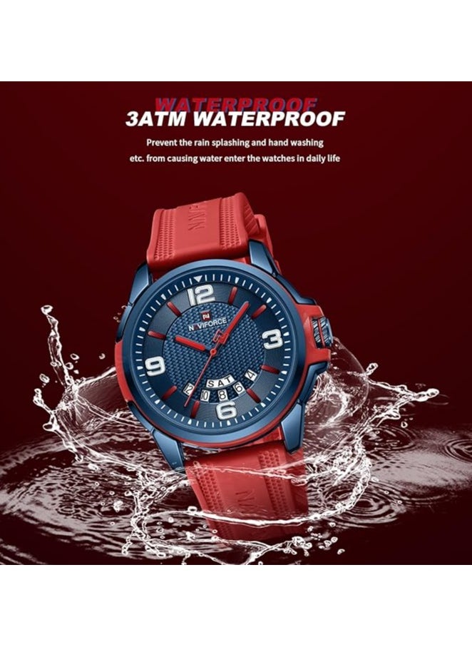 Stylish Mens Sports Watch with Blue Dial Red Silicone Strap Quartz Movement Analog Display Water Resistant 30M Modern and Durable Design