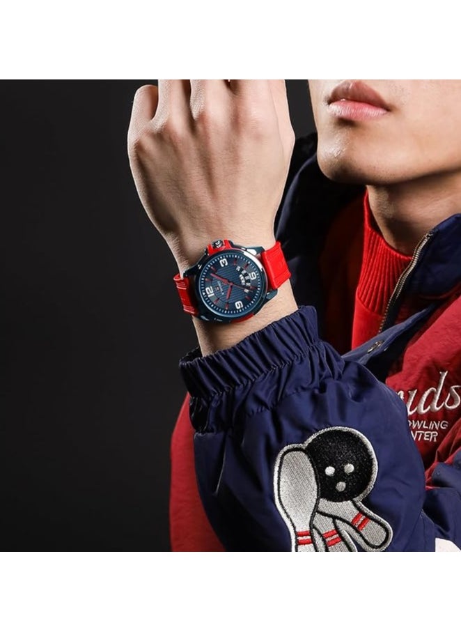 Stylish Mens Sports Watch with Blue Dial Red Silicone Strap Quartz Movement Analog Display Water Resistant 30M Modern and Durable Design