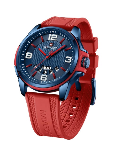 Stylish Mens Sports Watch with Blue Dial Red Silicone Strap Quartz Movement Analog Display Water Resistant 30M Modern and Durable Design