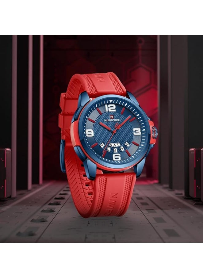 Stylish Mens Sports Watch with Blue Dial Red Silicone Strap Quartz Movement Analog Display Water Resistant 30M Modern and Durable Design