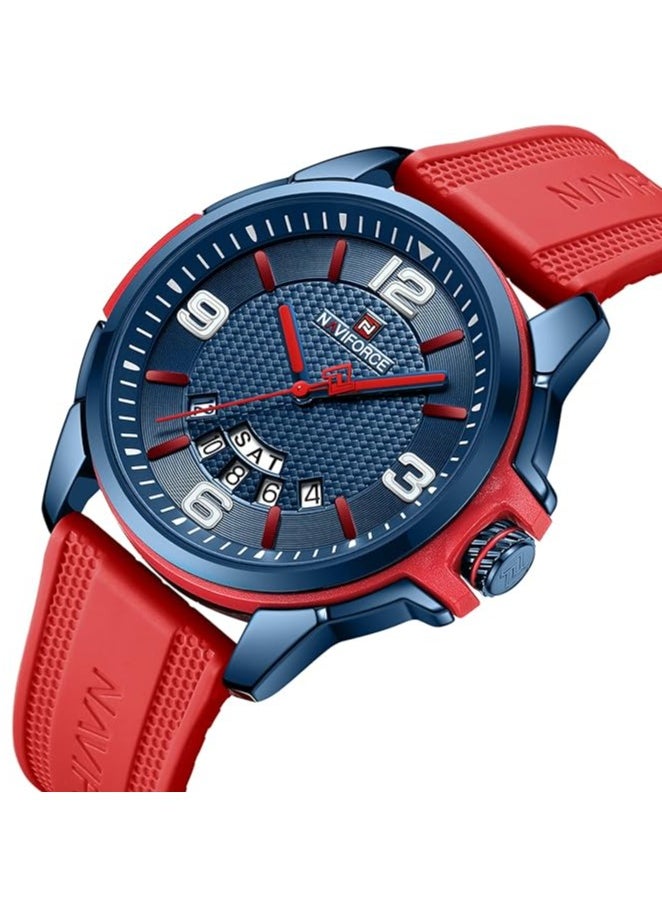 Stylish Mens Sports Watch with Blue Dial Red Silicone Strap Quartz Movement Analog Display Water Resistant 30M Modern and Durable Design