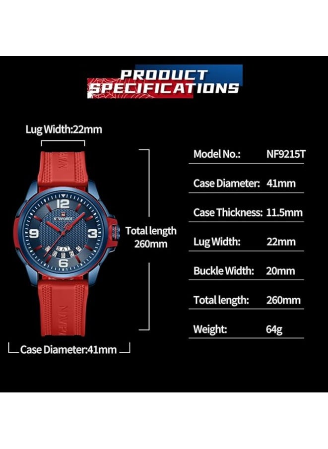 Stylish Mens Sports Watch with Blue Dial Red Silicone Strap Quartz Movement Analog Display Water Resistant 30M Modern and Durable Design