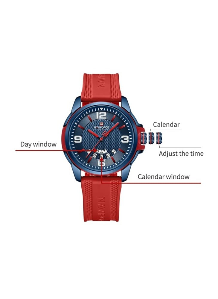 Stylish Mens Sports Watch with Blue Dial Red Silicone Strap Quartz Movement Analog Display Water Resistant 30M Modern and Durable Design