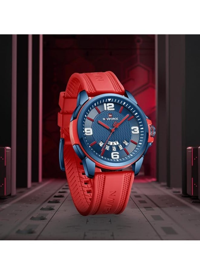 Stylish Mens Sports Watch with Blue Dial Red Silicone Strap Quartz Movement Analog Display Water Resistant 30M Modern and Durable Design
