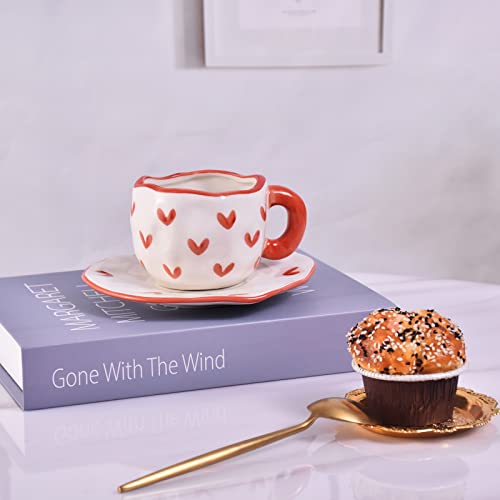 Koythin Ceramic Coffee Mug with Saucer Set, Cute Creative Cup Unique Irregular Design for Office and Home, Dishwasher and Microwave Safe, 10 oz/300 ml for Latte Tea Milk (Red Heart) - Image 5