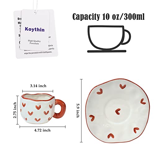 Koythin Ceramic Coffee Mug with Saucer Set, Cute Creative Cup Unique Irregular Design for Office and Home, Dishwasher and Microwave Safe, 10 oz/300 ml for Latte Tea Milk (Red Heart) - Image 2