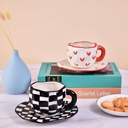 Koythin Ceramic Coffee Mug with Saucer Set, Cute Creative Cup Unique Irregular Design for Office and Home, Dishwasher and Microwave Safe, 10 oz/300 ml for Latte Tea Milk (Red Heart) - Image 4