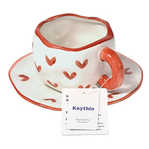 Koythin Ceramic Coffee Mug with Saucer Set, Cute Creative Cup Unique Irregular Design for Office and Home, Dishwasher and Microwave Safe, 10 oz/300 ml for Latte Tea Milk (Red Heart) - Image 3