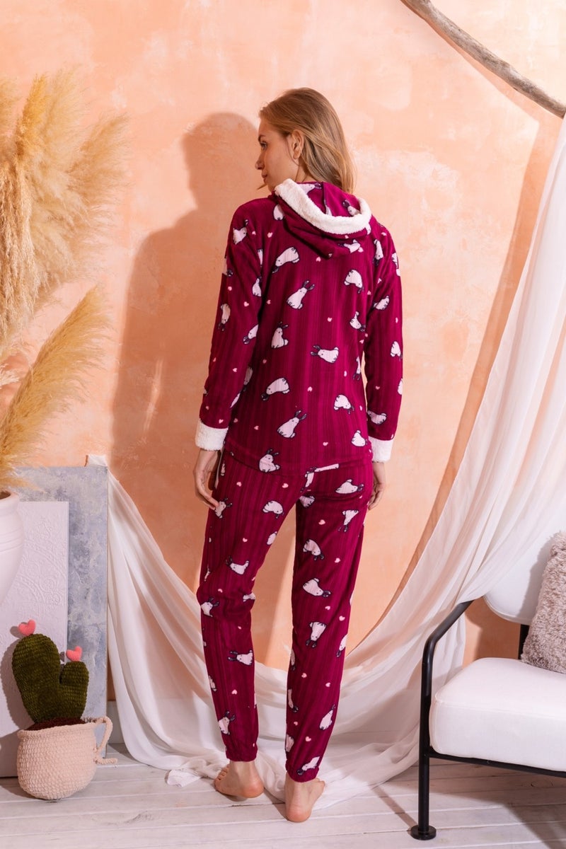Nisanca Winter Women's Plush Fleece Pajama Set with Hood - New Year's Pajamas  - Image 2