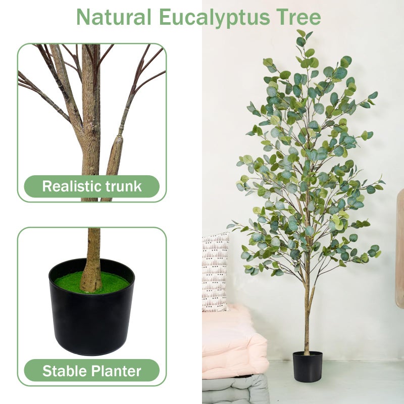 Caxchiling Artificial Eucalyptus Tree 6FT, Faux Tree for Indoor Outdoor, Potted Plants with Planter and Basket, Lifelike Silk Plants with Natural Wood Trunk, Home Office Greenery Decor, 2 Pack - Image 5