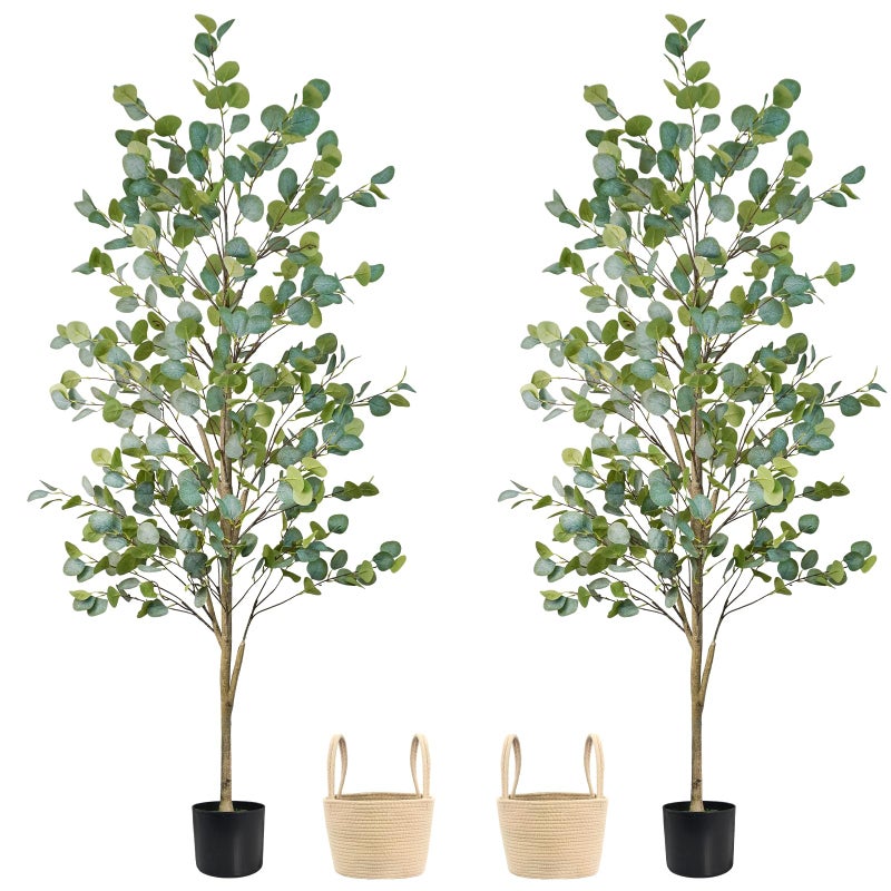Caxchiling Artificial Eucalyptus Tree 6FT, Faux Tree for Indoor Outdoor, Potted Plants with Planter and Basket, Lifelike Silk Plants with Natural Wood Trunk, Home Office Greenery Decor, 2 Pack - Image 1