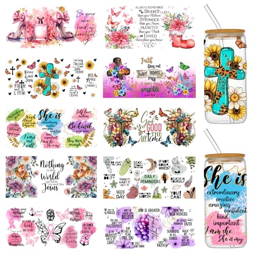 Coowayze UV DTF Cup Wraps for Glass Cups 16 oz 10 Sheets Cup Rub on Transfers for Crafts Libbey Cups Tumblers Cup Wrap Transfer Stickers Cup Decals Bulk for WoodFurniture Mental Theme - Image 1