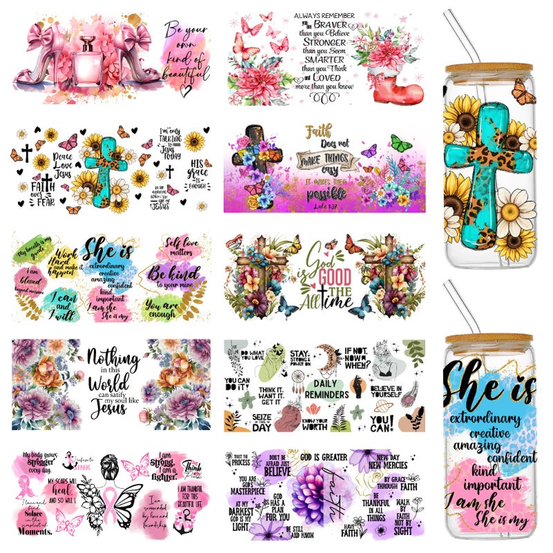 Coowayze UV DTF Cup Wraps for Glass Cups 16 oz 10 Sheets Cup Rub on Transfers for Crafts Libbey Cups Tumblers Cup Wrap Transfer Stickers Cup Decals Bulk for WoodFurniture Mental Theme - Image 3