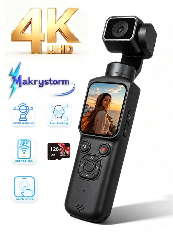 Makrystorm 4K 75MP Pocket Camera for Vlogging, DJI Pocket Alternative, Handheld Vlog Camera with 330° Rotating Lens, WiFi, Face Tracking, 1.72" Touch Screen, 128GB Card, Portable Pocket Camcorder for Travel & Daily Recording - Image 1