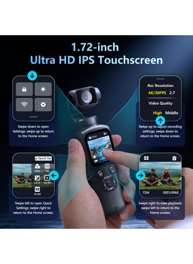 Makrystorm 4K 75MP Pocket Camera for Vlogging, DJI Pocket Alternative, Handheld Vlog Camera with 330° Rotating Lens, WiFi, Face Tracking, 1.72" Touch Screen, 128GB Card, Portable Pocket Camcorder for Travel & Daily Recording - Image 3