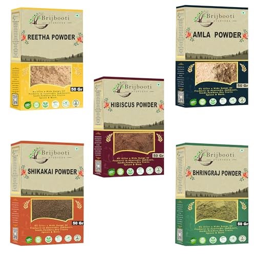 BrijBooti Reetha Amla Shikakai Bhringraj Hibiscus (Powder) for Hair 250 Gm (50 gram Each), natural - Image 1