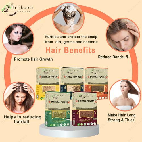 BrijBooti Reetha Amla Shikakai Bhringraj Hibiscus (Powder) for Hair 250 Gm (50 gram Each), natural - Image 2