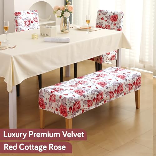 HOKIPO Premium Printed Velvet Stretchable Dining Bench Slipcover, Red Cottage Rose (AR-5798-D6) - Image 3