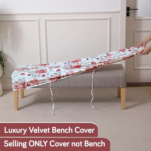 HOKIPO Premium Printed Velvet Stretchable Dining Bench Slipcover, Red Cottage Rose (AR-5798-D6) - Image 2