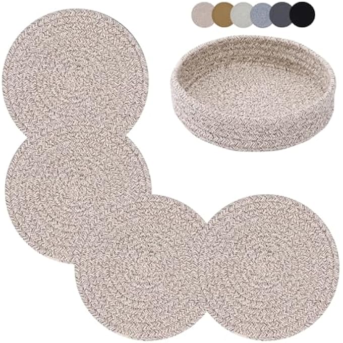KASTWAVE Trivets For Hot Dishes Trivets For Hot Pots And Pans 7 Inchs Hot Pads 4 Pcs And Storage Basket For Countertops Pot Holders For Kitchen Cotton Table Protector Hot Mats Heat Resistant Brown - Image 1