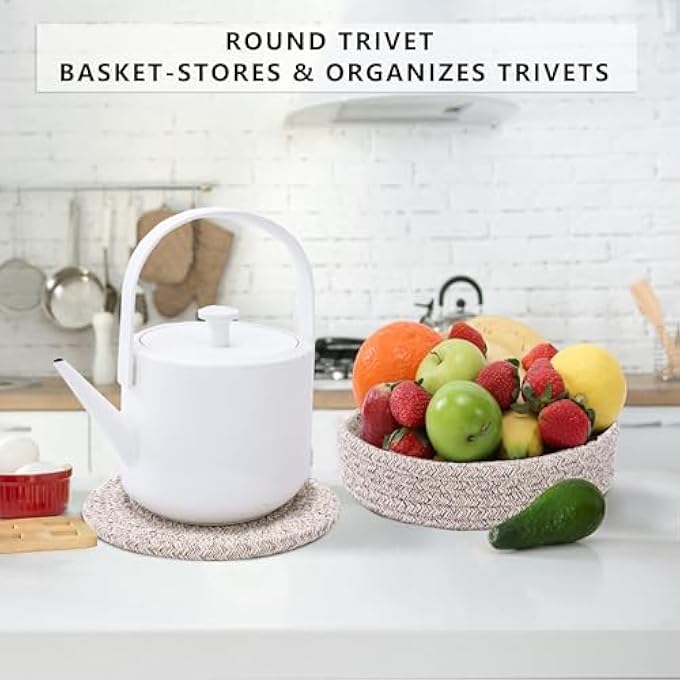 KASTWAVE Trivets For Hot Dishes Trivets For Hot Pots And Pans 7 Inchs Hot Pads 4 Pcs And Storage Basket For Countertops Pot Holders For Kitchen Cotton Table Protector Hot Mats Heat Resistant Brown - Image 4