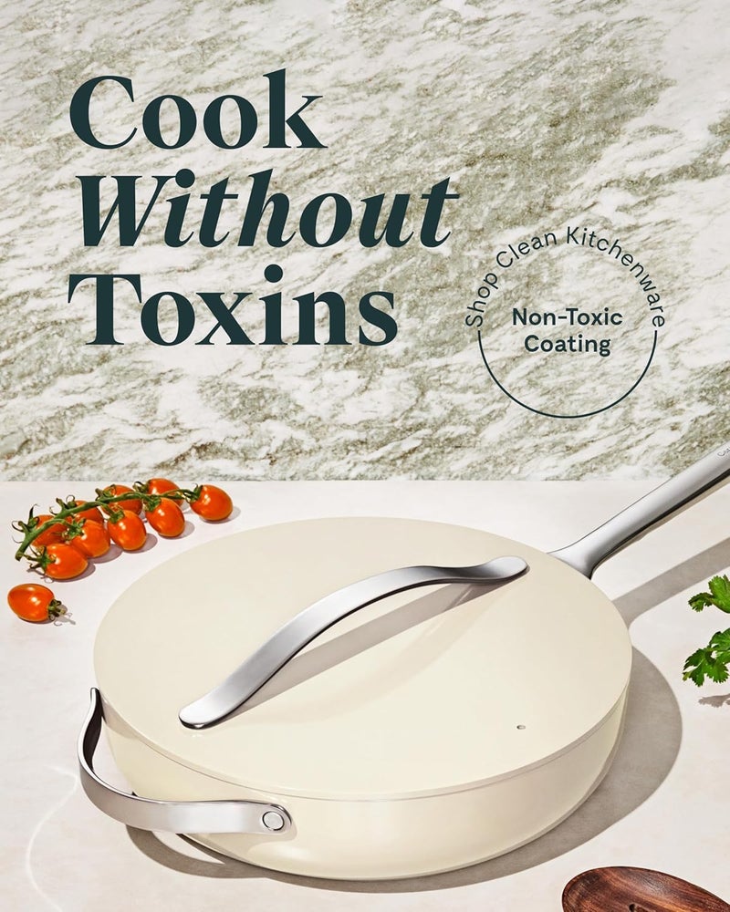 Caraway Nonstick Ceramic Saut Pan with Lid 45 qt 118  Non Toxic PTFE  PFOA Free  Oven Safe  Compatible with All Stovetops Gas Electric  Induction  Cream - Image 2