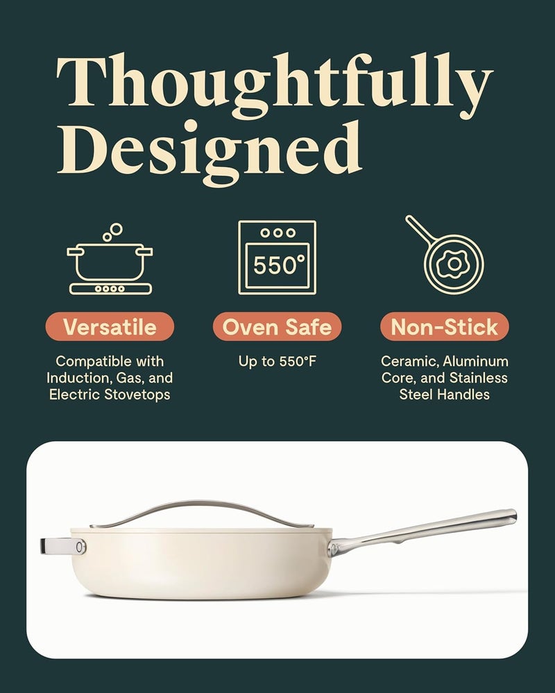 Caraway Nonstick Ceramic Saut Pan with Lid 45 qt 118  Non Toxic PTFE  PFOA Free  Oven Safe  Compatible with All Stovetops Gas Electric  Induction  Cream - Image 3