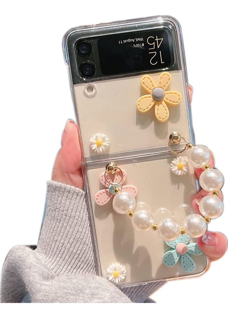 Stylish Flower Case for Samsung Galaxy Z Flip 4 with Strap, Protective Hard PC Clear Case for Girls, Includes Pearl Chain Lanyard for Z Flip 4 5G.
