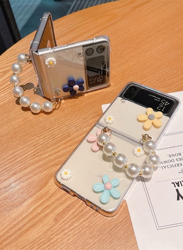 Stylish Flower Case for Samsung Galaxy Z Flip 4 with Strap, Protective Hard PC Clear Case for Girls, Includes Pearl Chain Lanyard for Z Flip 4 5G.