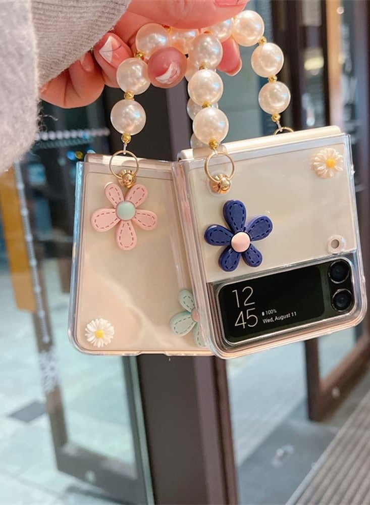 Stylish Flower Case for Samsung Galaxy Z Flip 4 with Strap, Protective Hard PC Clear Case for Girls, Includes Pearl Chain Lanyard for Z Flip 4 5G.