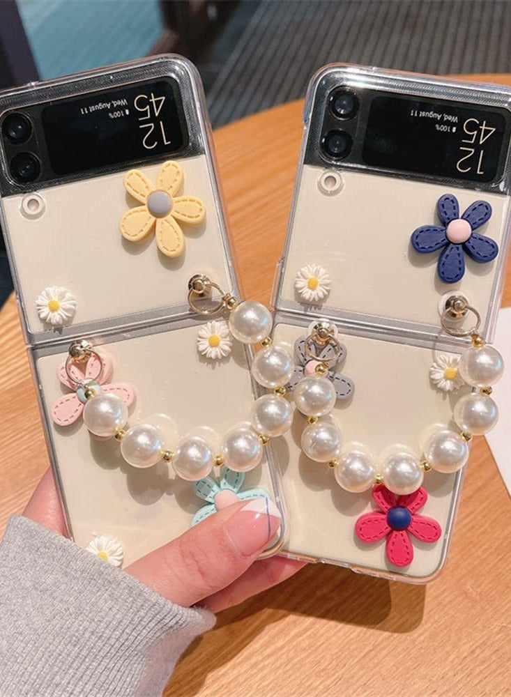 Stylish Flower Case for Samsung Galaxy Z Flip 4 with Strap, Protective Hard PC Clear Case for Girls, Includes Pearl Chain Lanyard for Z Flip 4 5G.