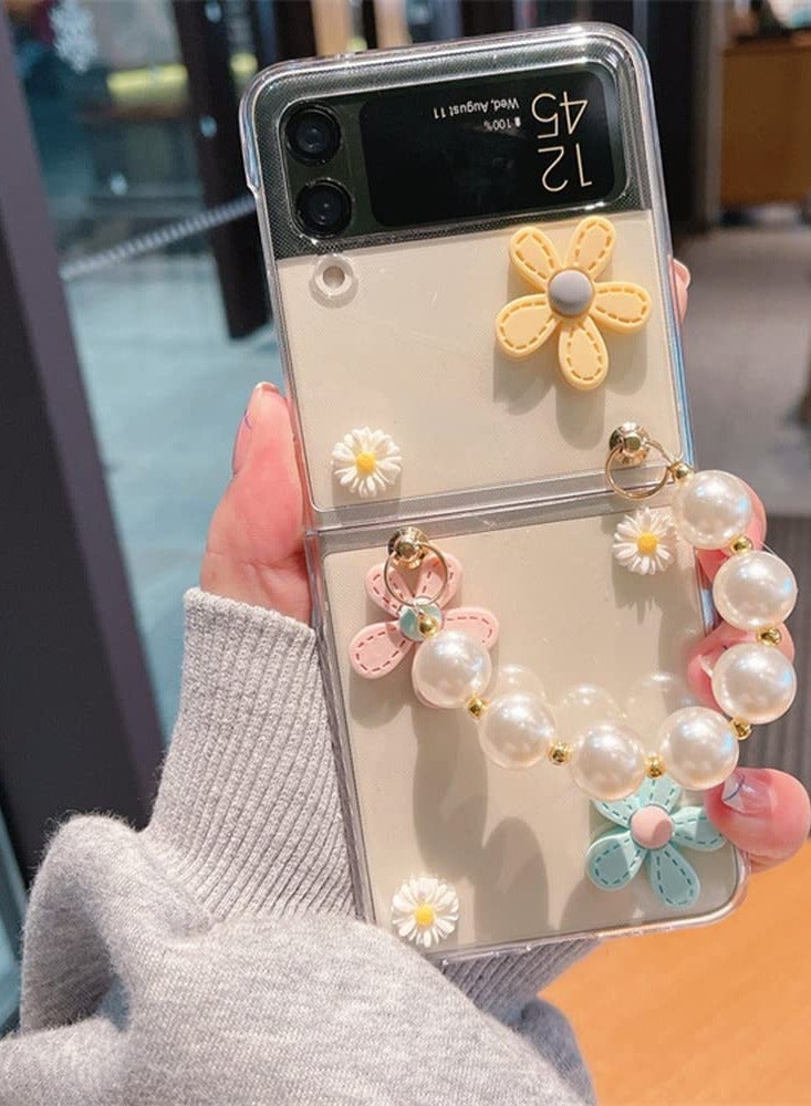 Stylish Flower Case for Samsung Galaxy Z Flip 4 with Strap, Protective Hard PC Clear Case for Girls, Includes Pearl Chain Lanyard for Z Flip 4 5G.