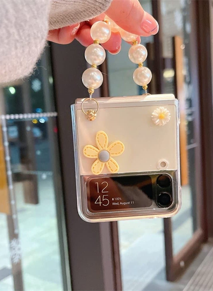 Stylish Flower Case for Samsung Galaxy Z Flip 4 with Strap, Protective Hard PC Clear Case for Girls, Includes Pearl Chain Lanyard for Z Flip 4 5G.