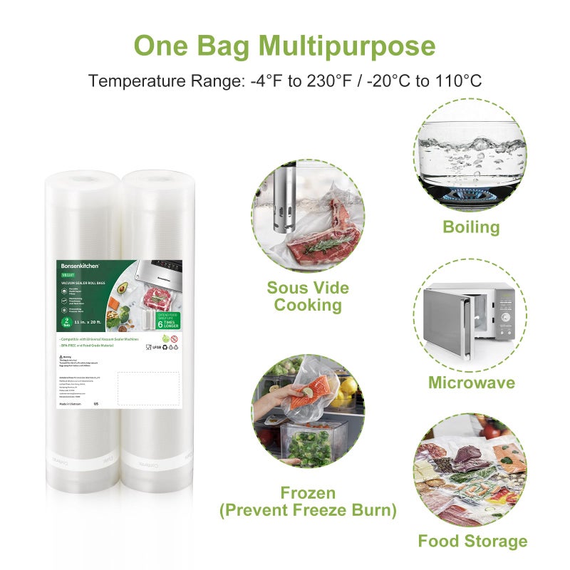 Bonsenkitchen Vacuum Sealer Bags, 11" x 20' Rolls 2 Pack for Food Storage Saver, Bpa Free, Heavy Duty, Commercial Grade Textured Food Roll, Customized Size Bag for Sous Vide Cooking, VB3207 - Image 2