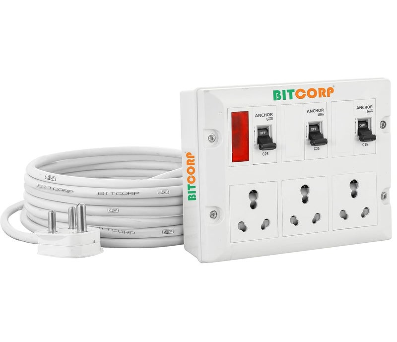 BITCORP سلك تمديد بيتكورب 4000 واط 16A 20A 25A مع حماية من الارتفاع الحراري 3 مخرج متعدد 3 دبابيس 3 MCB سلك طاقة بطول 1 متر مناسب للأجهزة الصغيرة والثقيلة - Image 1