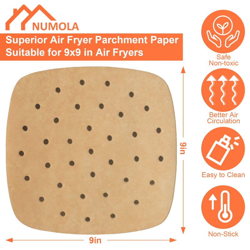 Numola 100 Pcs Air Fryer Liners Disposable Parchment Paper, 9 Inch Perforated Airfryer Sheets for Baking, Square Non-Stick Steamer Liner for Oven, Microwave, Steaming Basket - Image 2