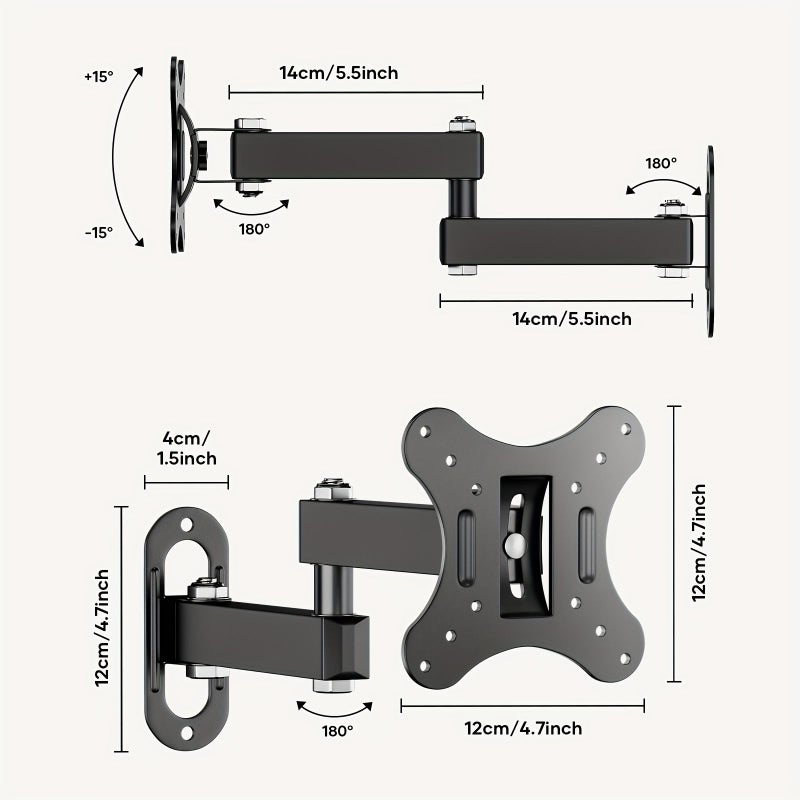 Wall Mounted TV Bracket Black Cold Rolled Steel Adjustable 15 Degree Tilt 180 Degree Rotation for 14 to 27 Inch LED LCD Flat Screen TVs and Computer Monitors Maximum Hole Distance 100x100mm Weight Capacity 2kg - Image 2