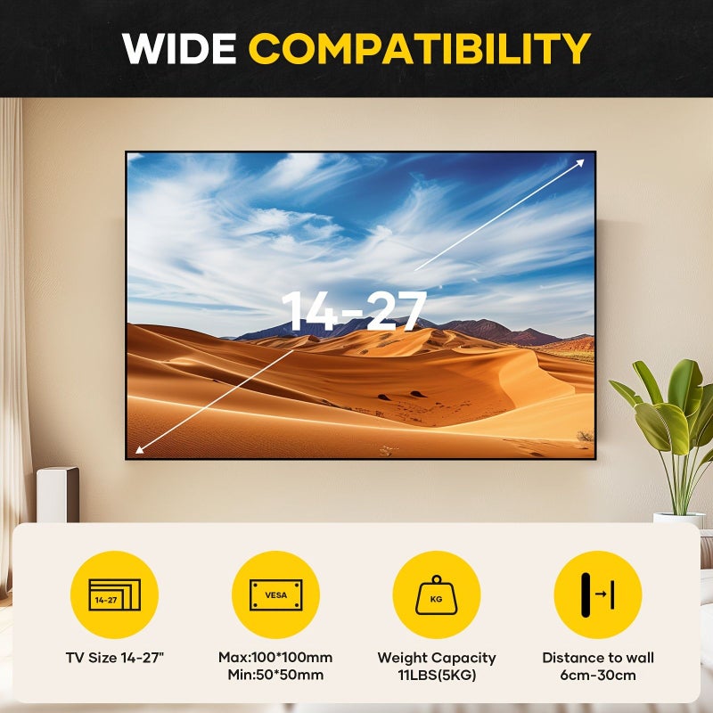 Wall Mounted TV Bracket Black Cold Rolled Steel Adjustable 15 Degree Tilt 180 Degree Rotation for 14 to 27 Inch LED LCD Flat Screen TVs and Computer Monitors Maximum Hole Distance 100x100mm Weight Capacity 2kg - Image 5