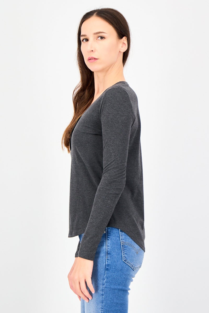 UNDIZ Women U-Neck Long Sleeve Plain Top, Grey - Image 2