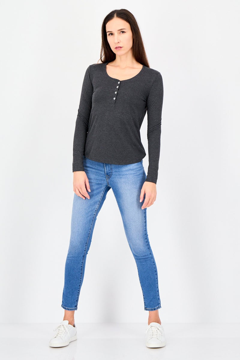 UNDIZ Women U-Neck Long Sleeve Plain Top, Grey - Image 4