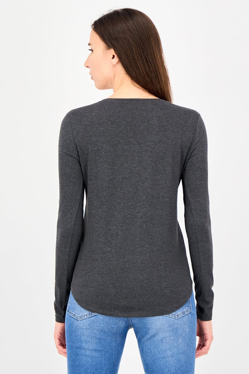 UNDIZ Women U-Neck Long Sleeve Plain Top, Grey - Image 3