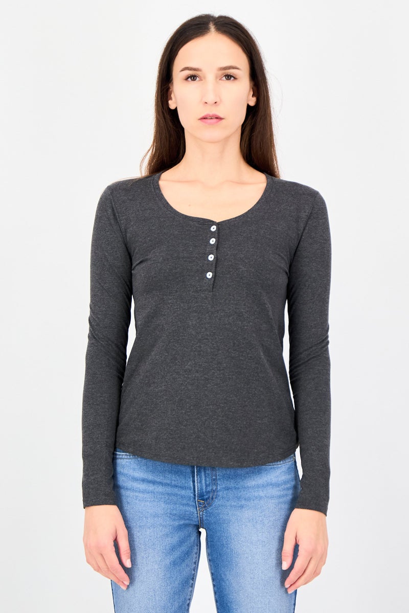 UNDIZ Women U-Neck Long Sleeve Plain Top, Grey - Image 1
