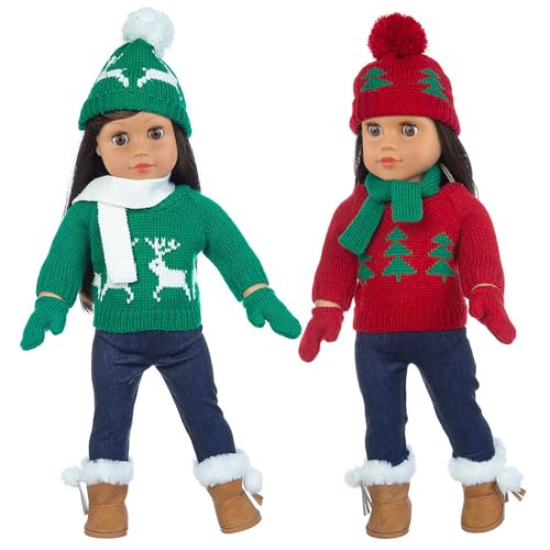 Ecore Fun 2 Sets American 18 Inch Doll Clothes Winter Christmas Outfit and Accessories Including Sweaters Trousers Hats and Scarfs - Image 1