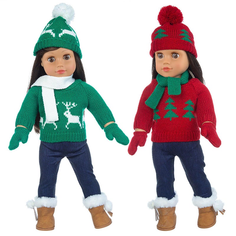 Ecore Fun 2 Sets American 18 Inch Doll Clothes Winter Christmas Outfit and Accessories Including Sweaters Trousers Hats and Scarfs - Image 2