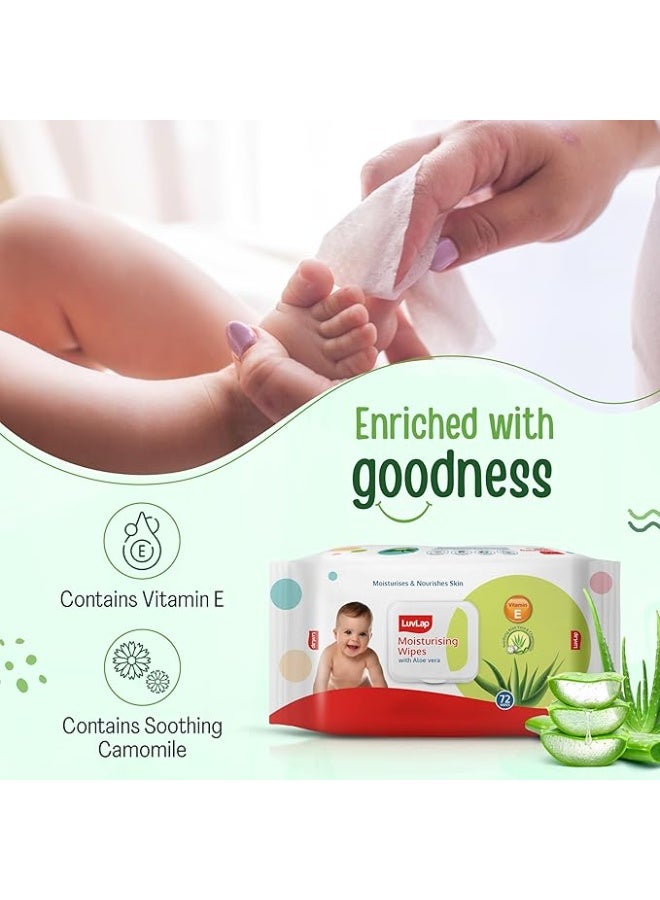 LuvLap Moisturising Wet Wipes with Lid For Baby Skin, Enriched with Aloe Vera, Vitamin E &Chamomile Extract, pH Balanced, Dermatologically Safe, Paraben & Sulphate Free, 72 Wipes, pack of6 - Image 3