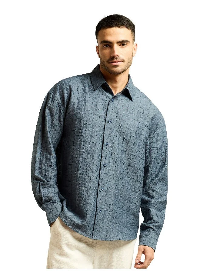 Beyoung Airforce Blue Textured Jacquard Shirt