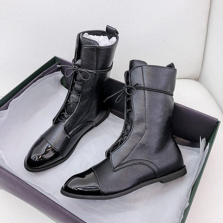 Large Size Women'S Boots Martin Mid-Calf Slim Boots Women'S Black Motorcycle Chunky Heel Size 43 Fashion - Image 4