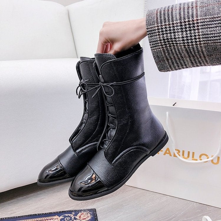 Large Size Women'S Boots Martin Mid-Calf Slim Boots Women'S Black Motorcycle Chunky Heel Size 43 Fashion - Image 2
