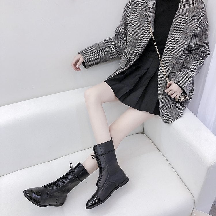 Large Size Women'S Boots Martin Mid-Calf Slim Boots Women'S Black Motorcycle Chunky Heel Size 43 Fashion - Image 3